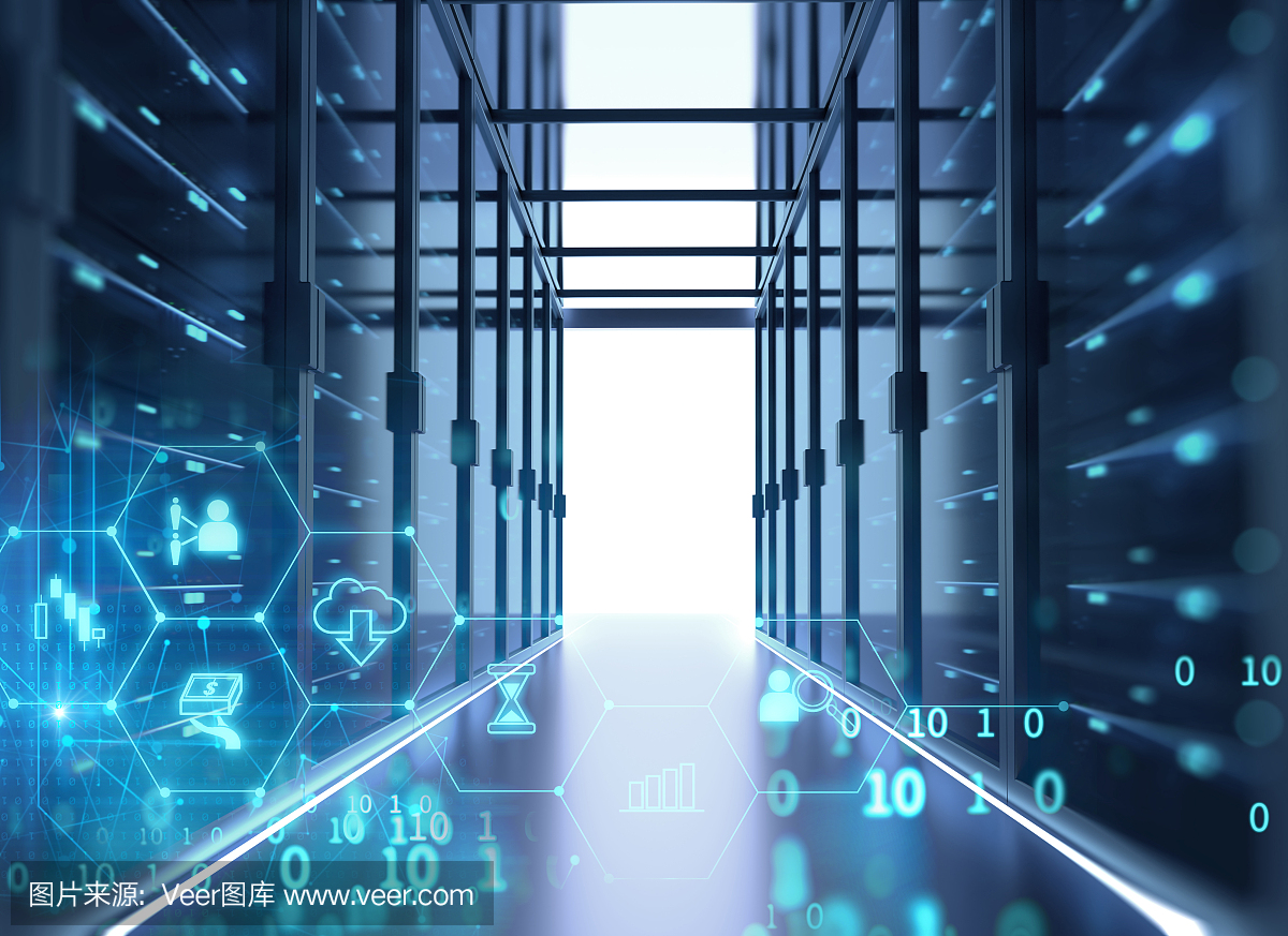 數據中心有服務器機架的服務器室走廊。三維演示